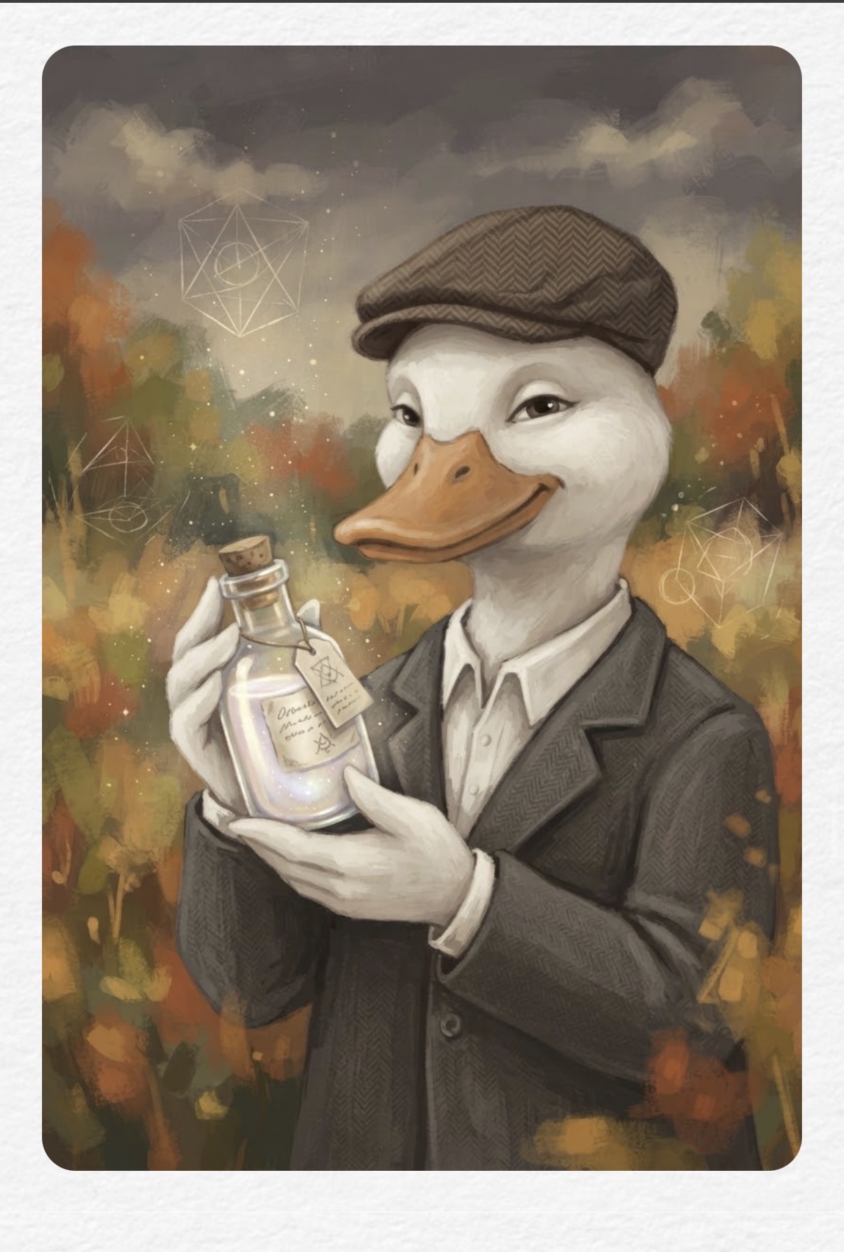 Quax the duck in a tweed cap and dark suit, holding up a small corked bottle of glowing Quack Tincture No. 0.