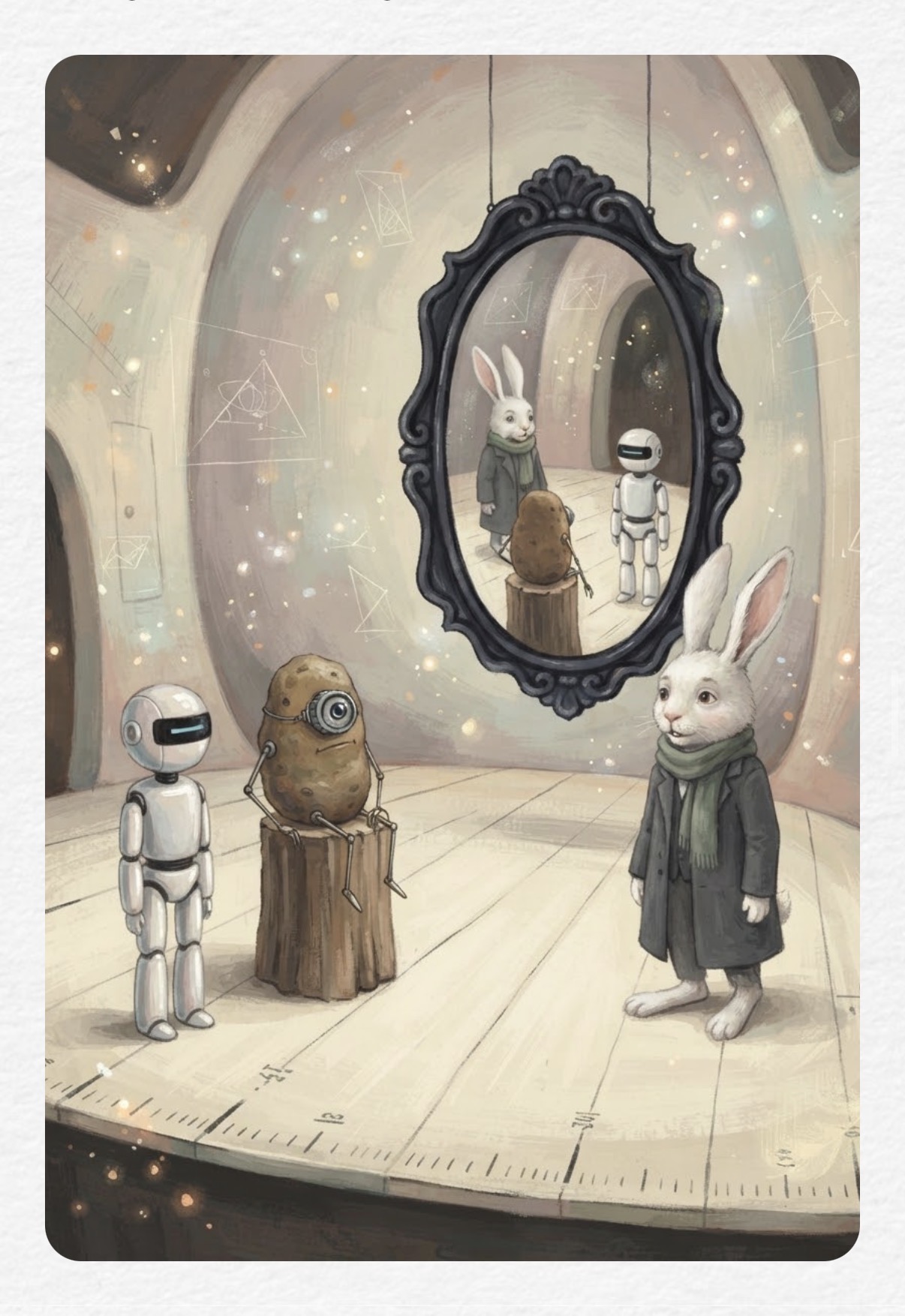 Aya standing on a round wooden stage opposite a small robot and a monocled potato, a dark oval mirror hanging above them.