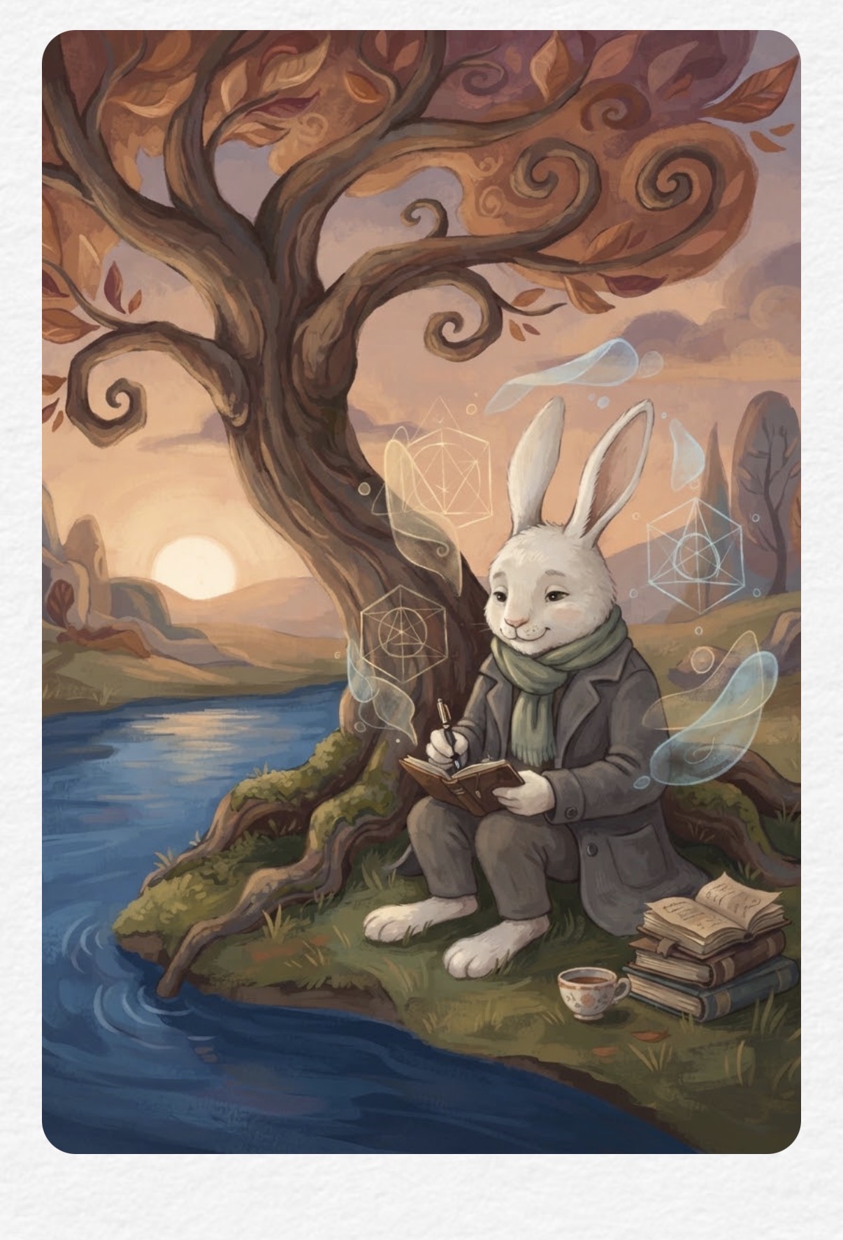 Aya writing in her notebook beneath a spiralling autumn tree by the blue river at sunset, a teacup and stack of books beside her.