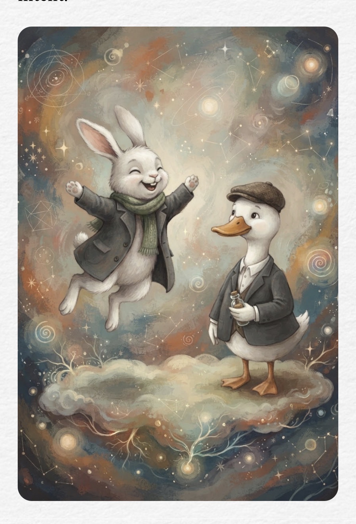 Aya leaping joyfully above a cloud in a starlit, swirling sky while Quax stands beside her holding the tincture bottle.