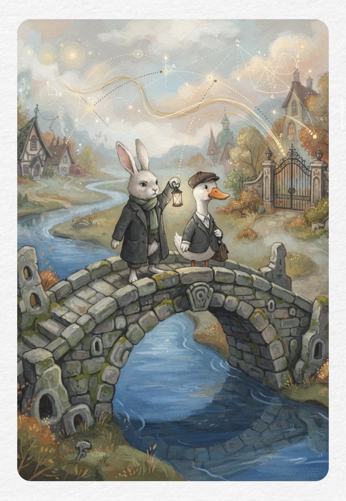 Aya and Quax the duck standing on an old stone bridge with a lantern, glyph-lines drifting across the sky above the river.