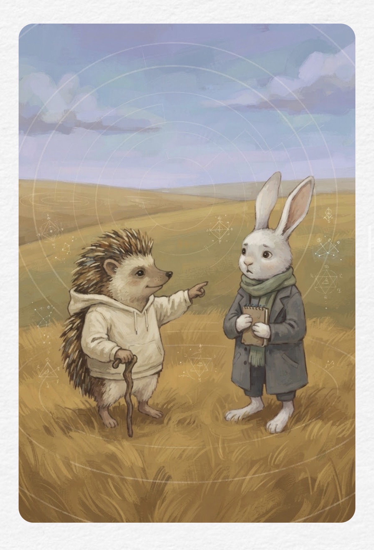 Erin the hedgehog in a cream hoodie, leaning on a walking stick and pointing across a golden field toward Aya, who holds a notebook.