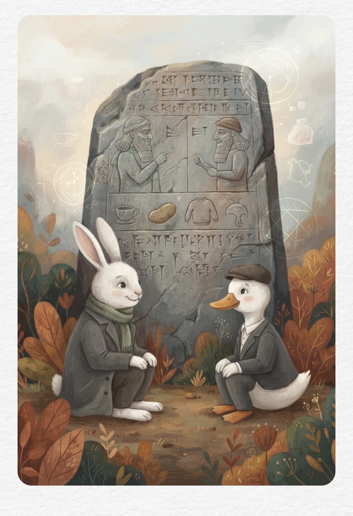 Aya and Quax sitting in autumn foliage before a tall carved stele showing cuneiform, a teacup, a potato, a cardigan and a duck.