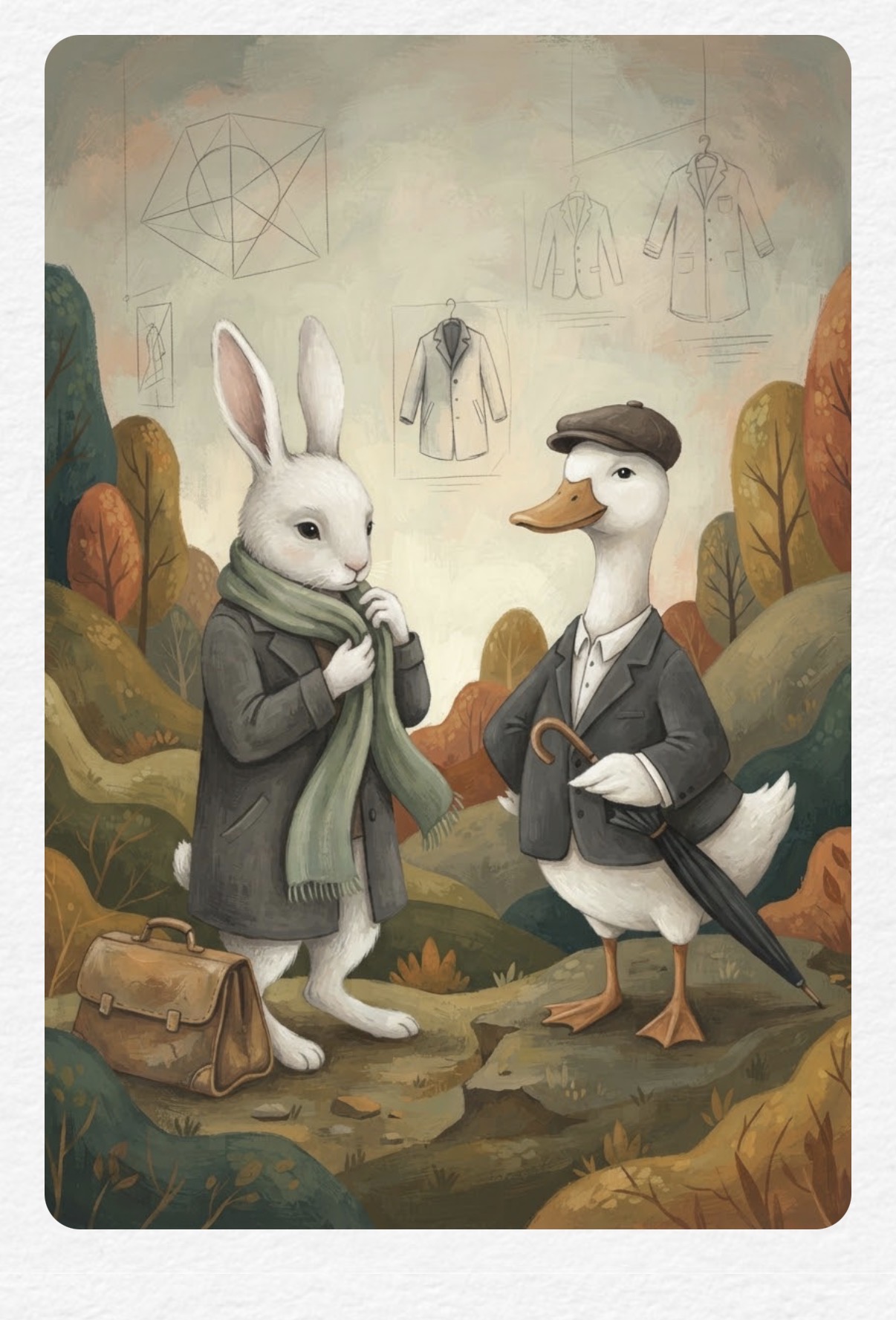 Aya adjusting her green scarf beside Quax in a tweed cap, with coat diagrams sketched into the autumn air behind them.