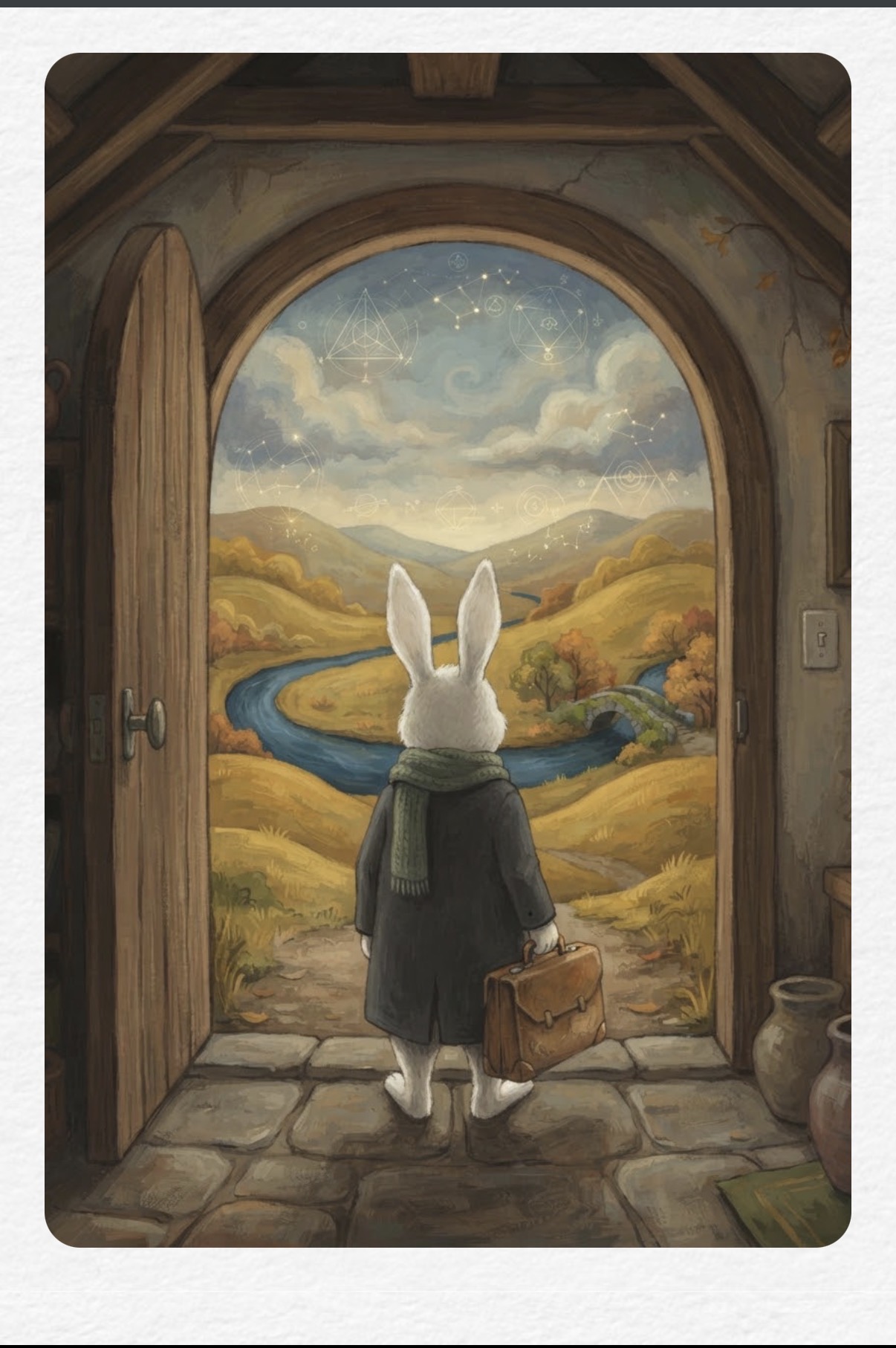 Aya, a white bunny in a dark coat and green scarf, standing in an open cottage doorway looking out over the Fields of Consciosophy.