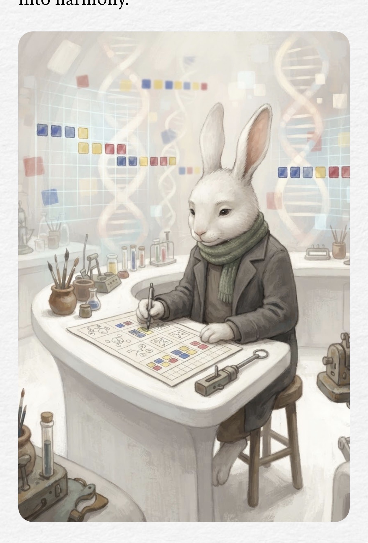 Aya seated at a curved white laboratory bench, drawing on a grid of blue, yellow and red squares beneath pale DNA helices.